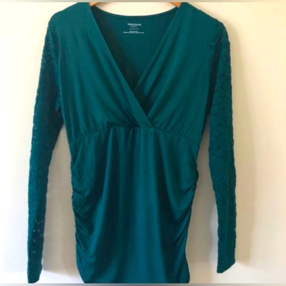 Motherhood Teal Blue Green Maternity Top with Romantic Lace Long Sleeves